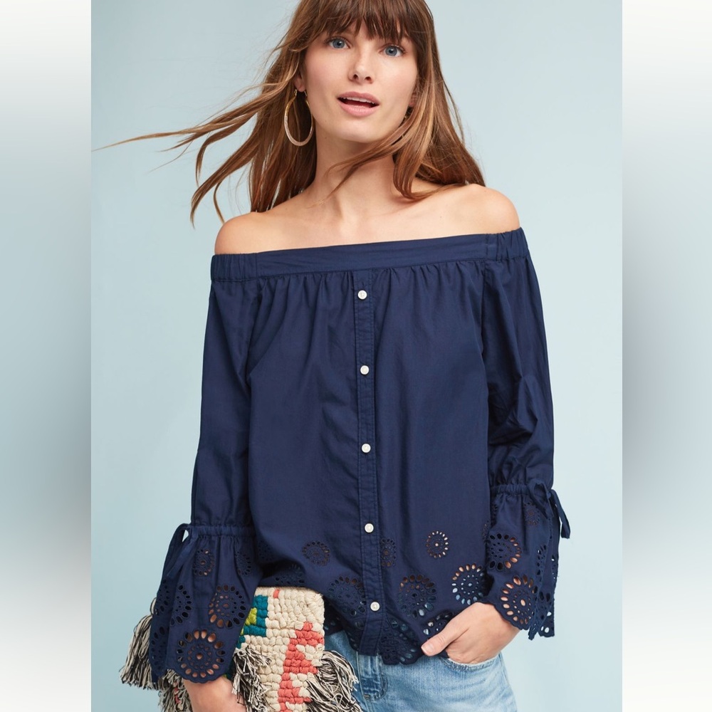 Anthropologie Isabella Sinclair Off-The Shoulder Eyelet Blouse Navy Blue Medium